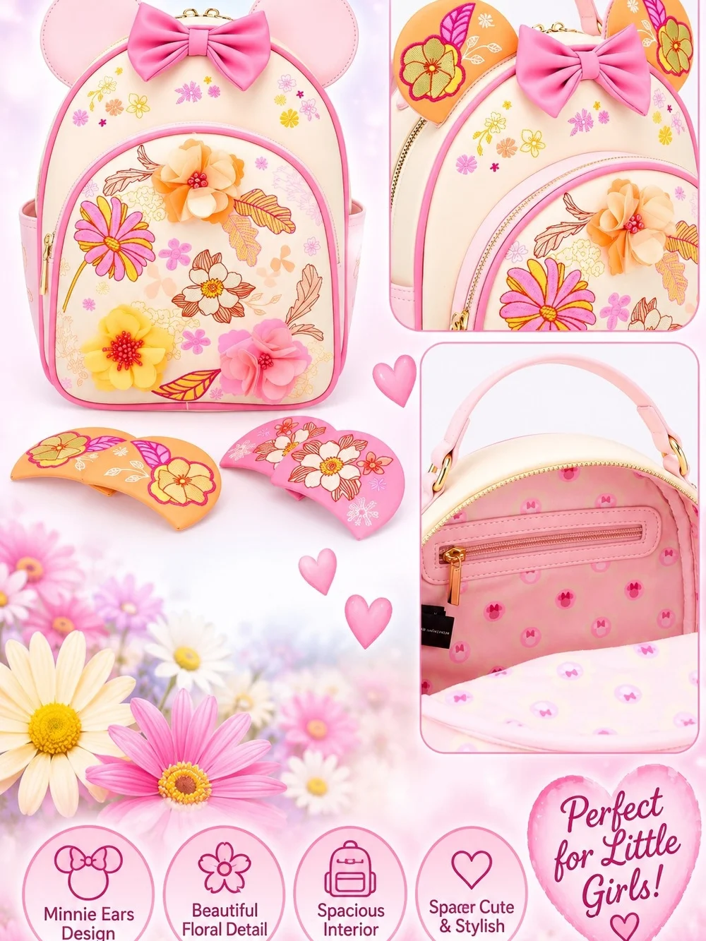 Loungefly Pink Floral Minnie Ears Backpack with 3D Flowers